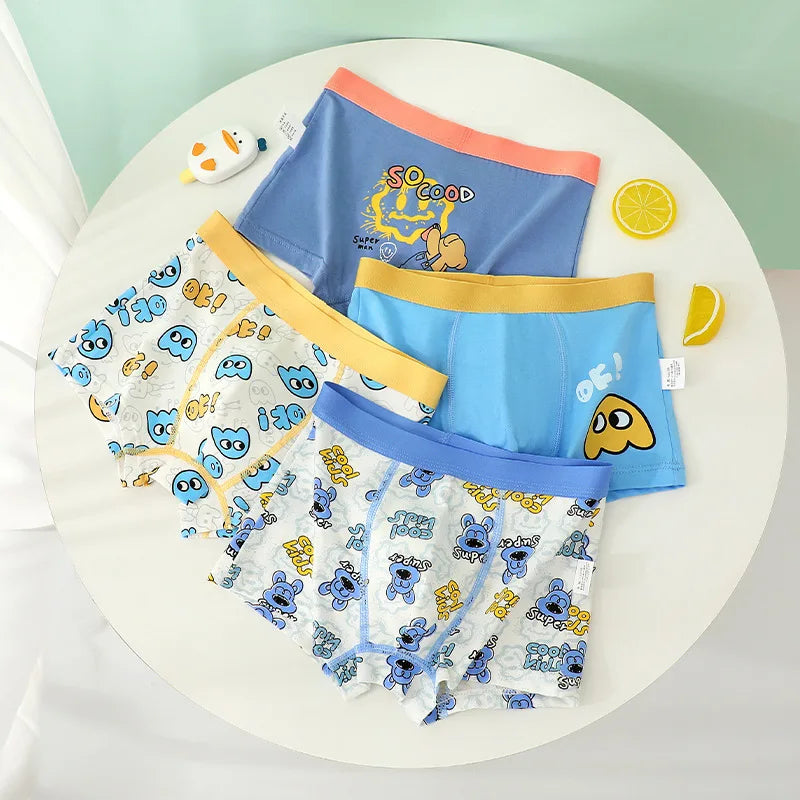 4PCS Kids Cotton Antibacterial Panties for Boys Thin Breathable Briefs 3+y Young Child Underwears Toddler Cute Cartoon Knickers