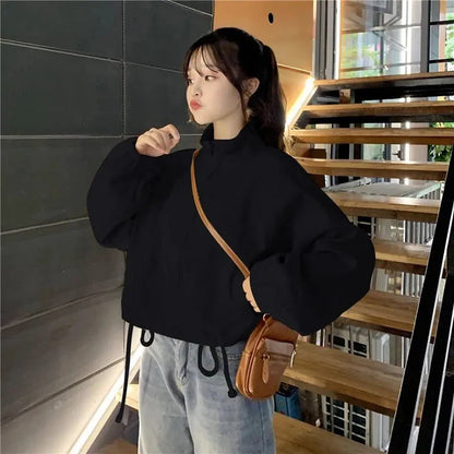 Vintage Baseball Jacket Women Korean Zipper Soild Drawstring Sexy Cropped Tops Harajuku Y2K Pocket Loose Casual Female Outwear