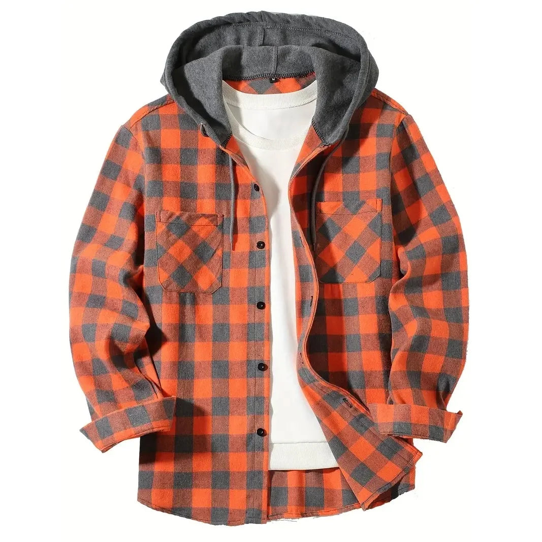 Men's Shirts Classic Plaid Casual Button Down Hooded Long Sleeved Double Pockets Shirt Hoodie Flannel Jacket Spring Autumn Tops