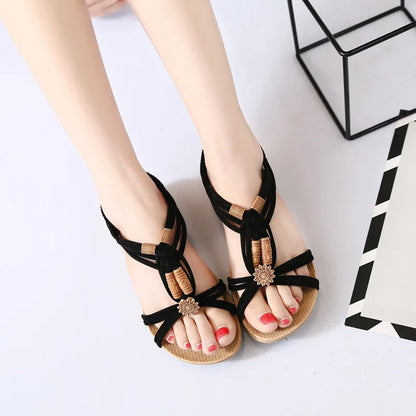 Woman Sandals Shoes 2023 Summer   Gladiator Beads  Slip On Lady Beach  Low Heel  Chaussure Femme