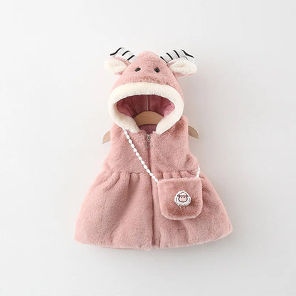 New Winter Baby Girls Coat Shawl Fluffy Little Sheep Ears Sheep Horns Small Animal Crossbody Bag Pearl Button Pleated Vest