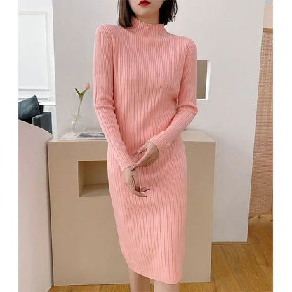 Autumn Winter New Fashion Long Sleeve Solid Half High Collar Sweaters Women's Clothing Loose All-match Knitting Trend Dresses