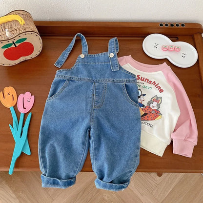 Cute Kids Girls Overalls 0-6Years Children Bunny Ear Ball Loose Denim Jumpsuit Suspender Pant Jeans Outwear Autumn Clothes