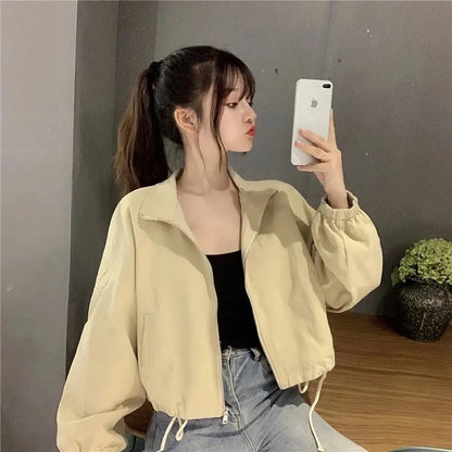 Vintage Baseball Jacket Women Korean Zipper Soild Drawstring Sexy Cropped Tops Harajuku Y2K Pocket Loose Casual Female Outwear