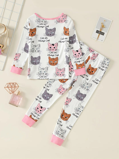 Girls' Two Piece Spring and Autumn Cute Cat Head Full Print Color Contrast Long Sleeve Pants Tight Sleepwear Home Suit Set