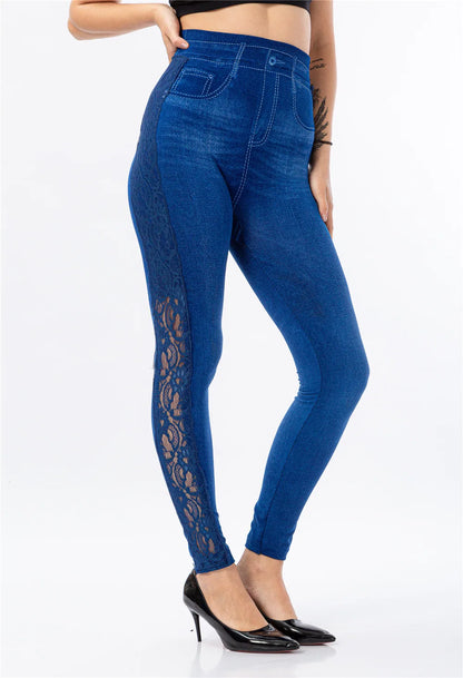 See-Through Lace Leggings High Waist Imitation Denim Legging Women Elastic Jeggings Printing Casual Trousers Pencil Pants