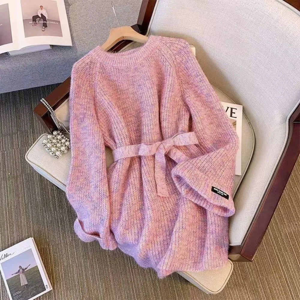 Elegant Matching Office Lady's Knitted Dress Korean New In Women's Sweater Dress Sash O-Neck Long Sleevet Pullover Chic Knitwear