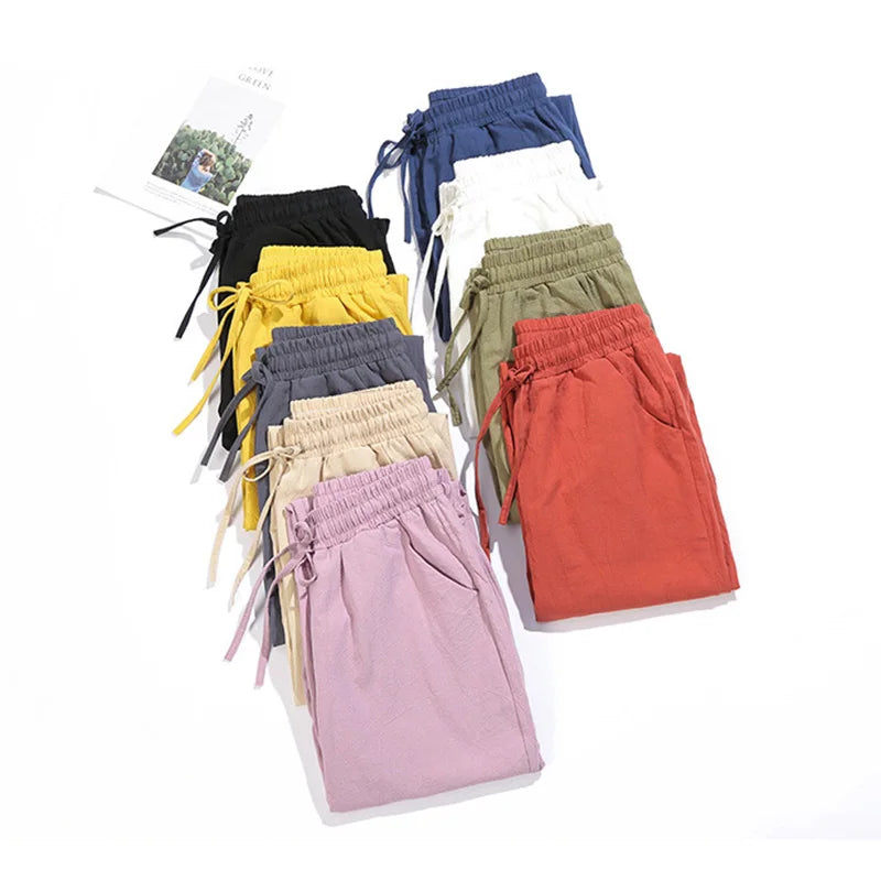 Womens Spring Summer Pants Cotton Linen Solid Elastic waist Candy Colors Harem Trousers Casual Female Pants