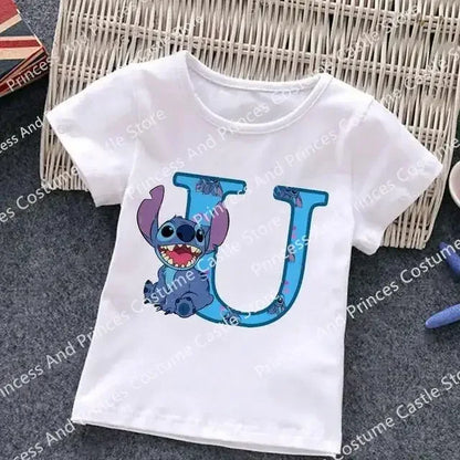 Stitch Letter A B C D Children  T-Shirt Name Combination Tee Shirts Cartoons Kid Casual Clothes Girl Boy Harajuku Tops