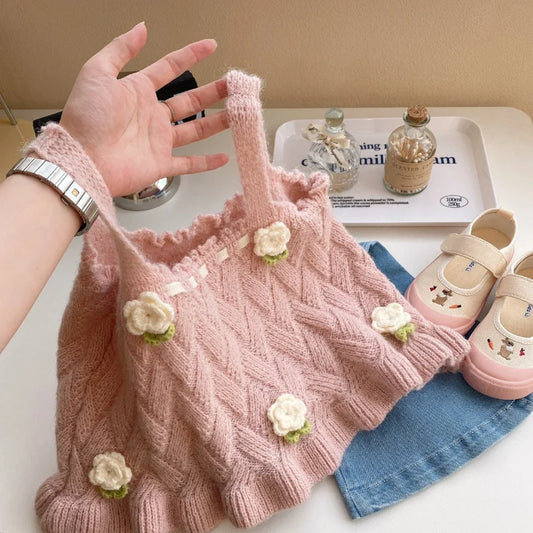 Korean Children Vest for Girls Fashion Vintage Floral Knitted Sweater Vest Toddler Girl Cute Sweater Vest Kawaii Waistcoat