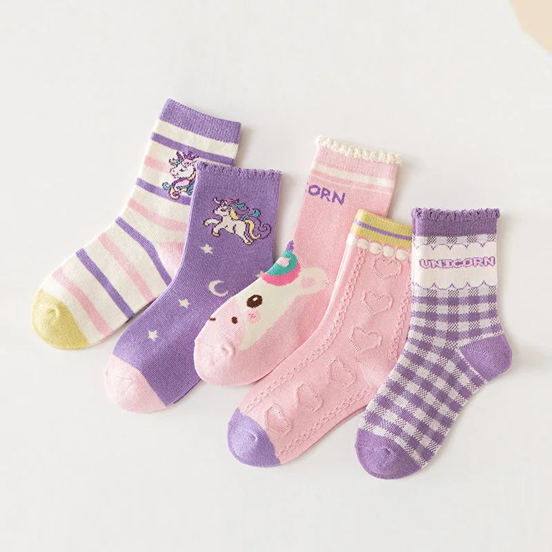 Autumn Winter Children's Socks Cute Cartoon Unicorn Pattern Cotton Socks Baby Girls 5 Pairs Mid Calf  Socks