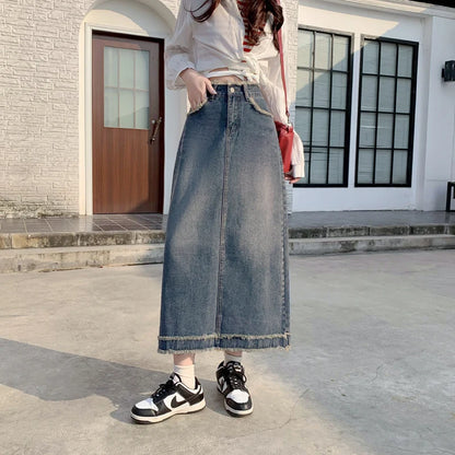 Jean Skirt Women High Waist Retro Slimming A- line Skirt Versatile Mid-Length Denim Skirt Womens Y2k Sexy Fashion Streetwear