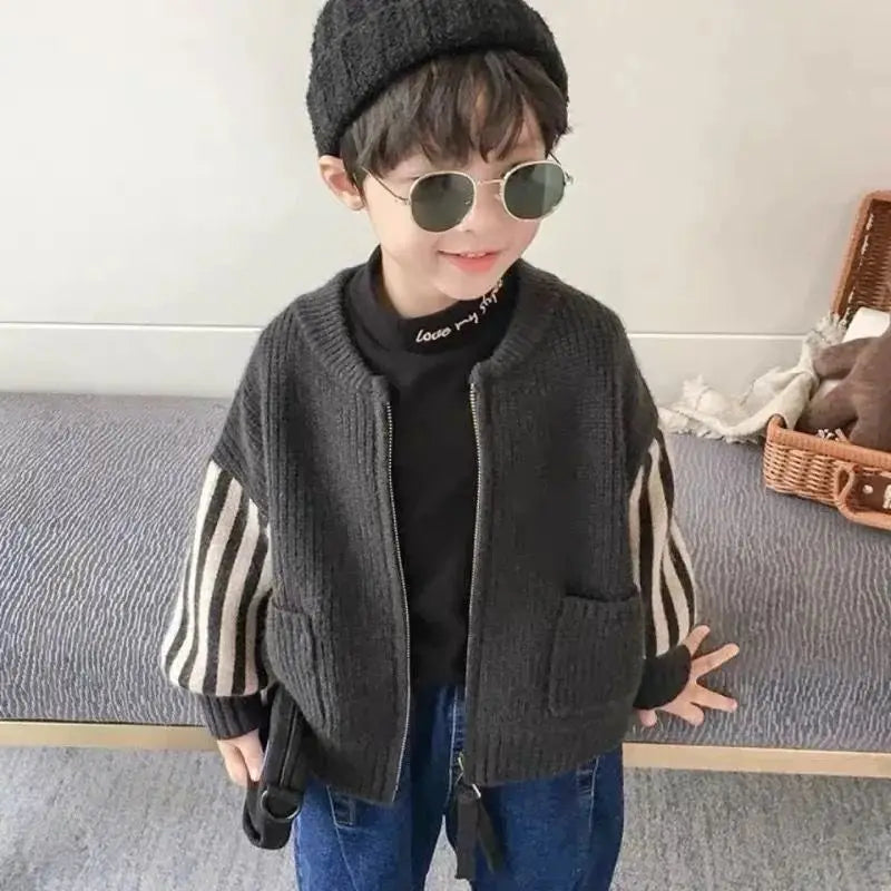 Spring Autumn Patchwork Fashion Stripe Kids Cardigan Harajuku Boy's Tops Loose Casual Outerwear Print Long Sleeve Girls Sweater