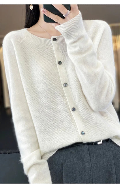 2024Spring and Autumn  New 100% pure merino cashmere sweater women's O-neck cardigan loose long-sleeved sweater top