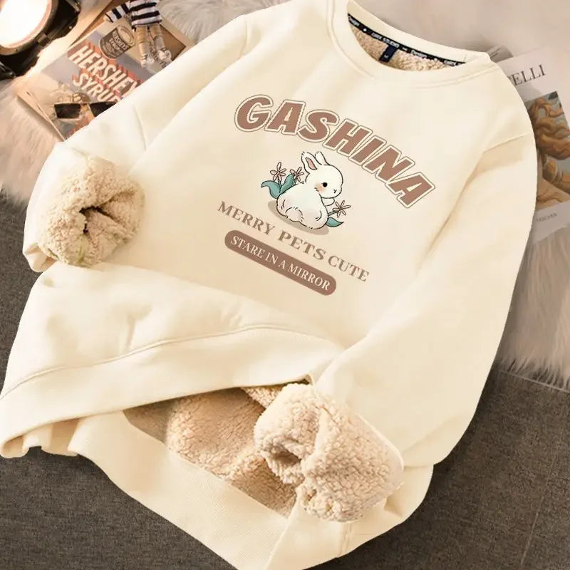 Autumn Winter Women Casual Loose Sweatshirts Lambswool Thicken Thermal Sweatshirts Women Printed Cute Fleece Warm Hoodies 2023