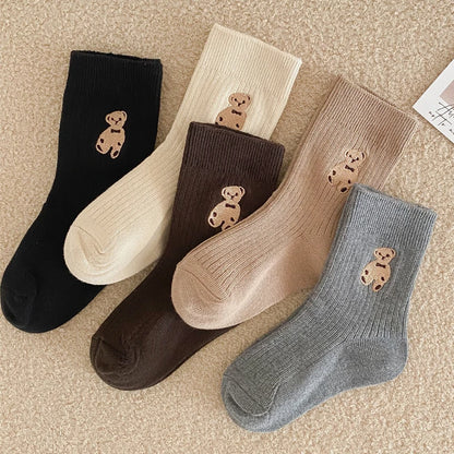 Autumn Winter Cotton Kids Socks Korean Retro Style Bear Embroidery Girls Boy Toddler Knitted Socks Warmth Tube Socks For 1-9 Yrs