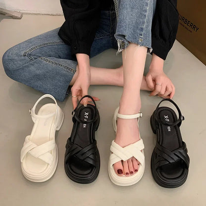 Summer New Sandals Women's Fashion Platform Cross-toe Sandals Comfortable Muffin Casual Women's Shoes Luxury Sandals Heels Women