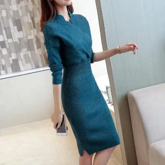 Autumn Winter Women's 2024 New Spliced V-neck Fashion Solid Color Loose Minimalist Casual Versatile Long Sleeve Knitted Dresses