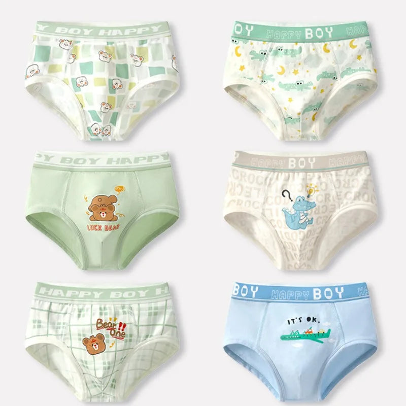 6PCS Kids Cotton Soft Antibacterial Briefs for Boy Thin Breathable Panties Cute Cartoon Print Knickers 3+y Young Child Underwear