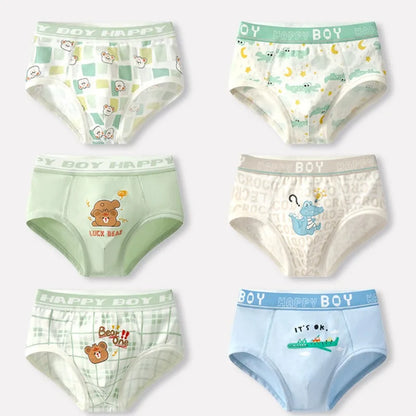 6PCS Kids Cotton Soft Antibacterial Briefs for Boy Thin Breathable Panties Cute Cartoon Print Knickers 3+y Young Child Underwear