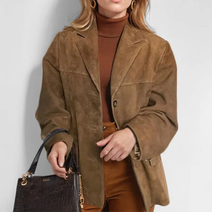 Vintage Brown Blazer Women Suede Leather Jacket Autumn Fashion Single Breasted Lapel Loose Coats Street Office Lady Outerwears