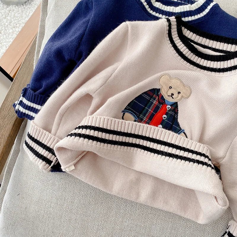 2023 Autumn Children Sweater 0-5Years Kids Boy Girl Long Sleeve Cartoon Bear Pullover Knitting Wool Jumper Warm Winter Clothes