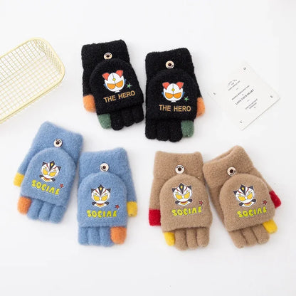 5-12Y Cute Children Gloves Winter Autumn Half Finger Flip Cover Warm Boy Girl Mittens Cartoon ultraman Kids Cycling Gloves