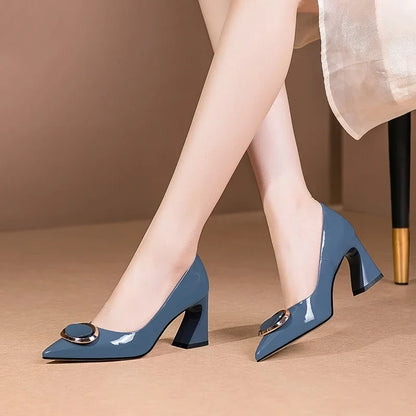 Pointed High Heels Thick with Patent Leather Square Buckle Soft Leather Middle Heel Single Shoes Female Summer 2023 Spring New