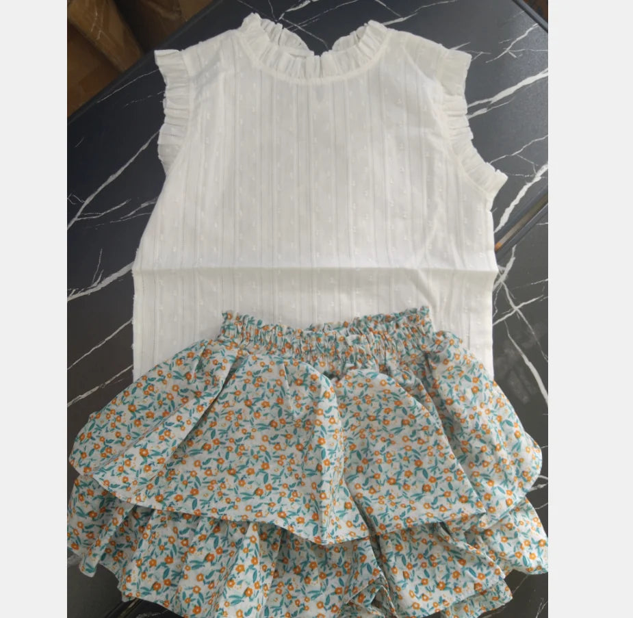 Girls' Suit Summer 2024 New Children's Summer Dress Baby Girl Fashionable Children's Top+Skirt Two-Piece Set