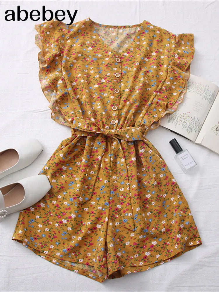 2023 New Summer Fashion All-match floral print Jumpsuit V-neck Ruffle sleeve Jumpsuit waist strap Jumpsuit wide leg Pants