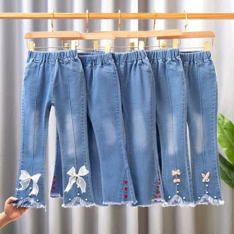 New Girls Denim Trousers Spring Autumn Fashion Girls Printed Jeans Bell-bottoms Kids Casual Elastic Trousers Blue Jeans Pants