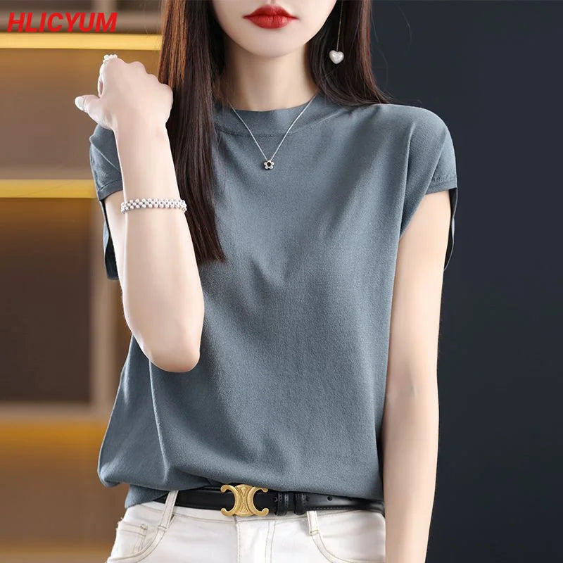 Women's T-shirt Summer New Solid Color Sweater Short Sleeve Casual Knit Round Neck Ladies Tops Blouse Overside Tees