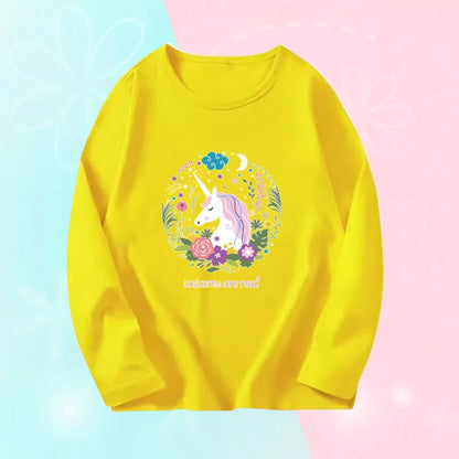 3~14Years Girl's Spring Autumn T-shirts Baby Girl Long Sleeve Cotton T-shirts Children Purple Cute Unicorn Tee Tops