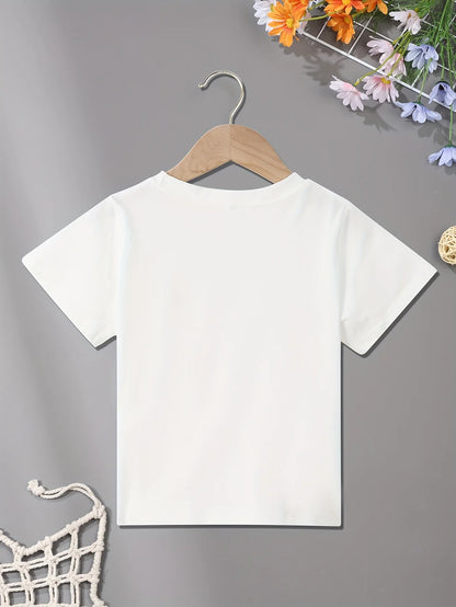 White Cotton short sleeved girl flower pattern print and fashionable lettercomfortable casual Boys Girls T-shirt