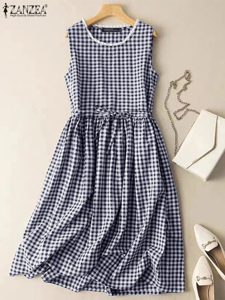 ZANZEA Vintage Summer Ruffles Sundress Casual Bohemian Fashion Beach Party Midi Vestido Women Sleeveless Plaid Checked Dress