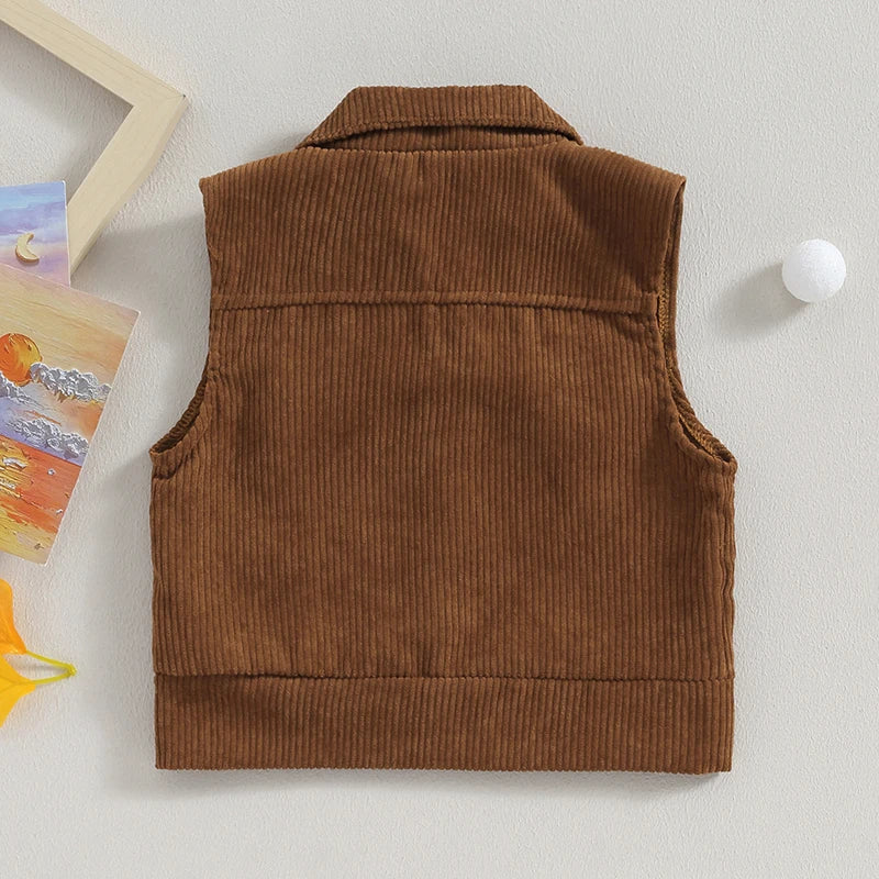 Infant Boys Corduroy Vest with Lapel Collar and Button Down Front Sleeveless Winter Outwear Waistcoat for Newborns