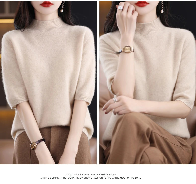 Fashion Half Short Sleeve 100% Merino Wool Sweater Basic Mock-Neck  Cashmere Women Knitted Top  Pullover Clothing Tops