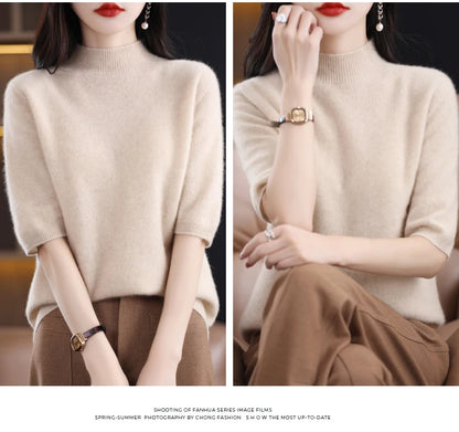 Fashion Half Short Sleeve 100% Merino Wool Sweater Basic Mock-Neck  Cashmere Women Knitted Top  Pullover Clothing Tops