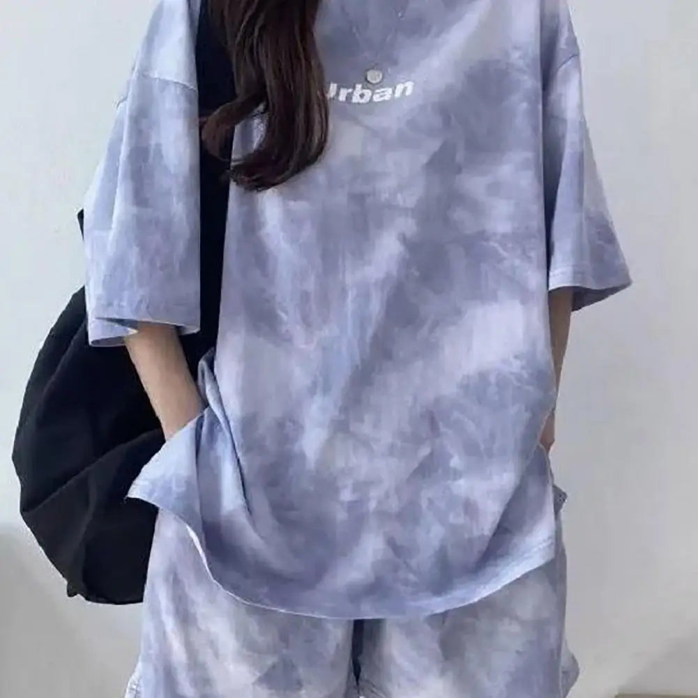 2 Pcs/Set Women T-shirt Shorts Set Tie-dye Sleeves Mid Length Top Shorts Suit Elastic Waist Mini Loose Female Outfit Daily Wear