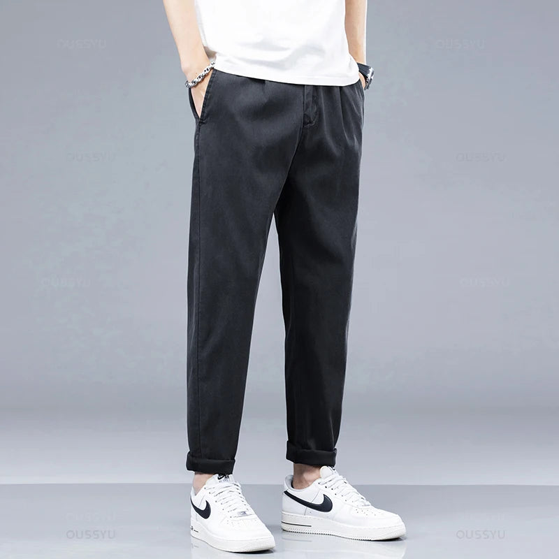 Brand Clothing New Summer Soft Lyocell Fabric Men's Casual Pants Thin Slim Elastic Waist Korea Jogger Ankle Length Trousers Male