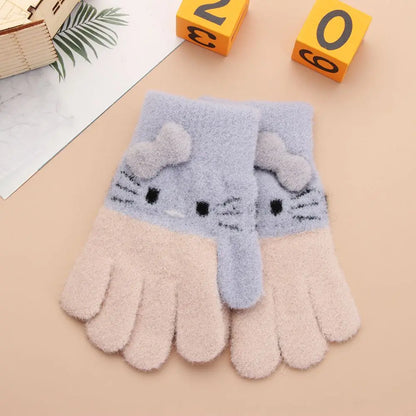 Cute Cat Design Kids Gloves Full Fingers Knitted Gloves Boys And Girls Winter Warm Mittens for 4-10 Years Kids