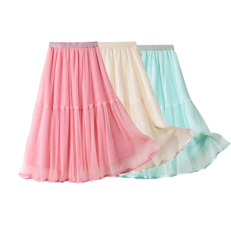 Girls Skirt Summer Mesh Fashion All-match Princess Skirt for Kids Casual Elastic Waist Teen School Children Long Skirt 4-12 Year