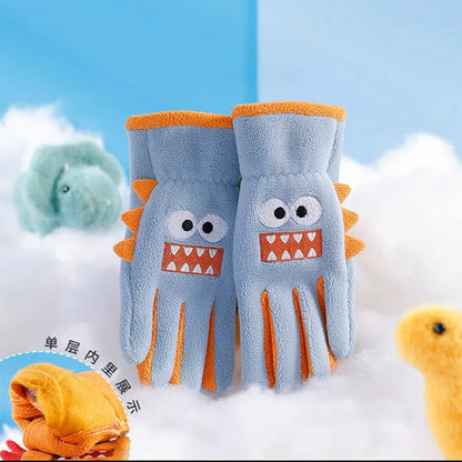 5-12 Years Children Gloves Winter Coral Fleece Cartoon Shark Embroidery Gloves Boy Girl Outdoor Thicken Keep Warm Riding Gloves