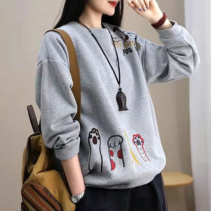 Vintage Sping Autumn New Women's O-Neck Letter Embroidered Korean Fashion Casual All-match Long Sleeve Loose Sweatshirts Tops