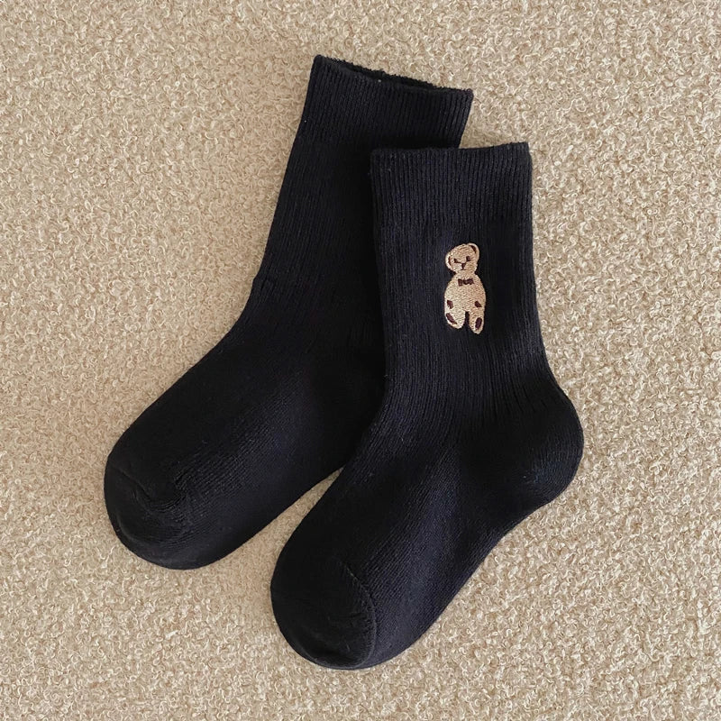 Autumn Winter Cotton Kids Socks Korean Retro Style Bear Embroidery Girls Boy Toddler Knitted Socks Warmth Tube Socks For 1-9 Yrs