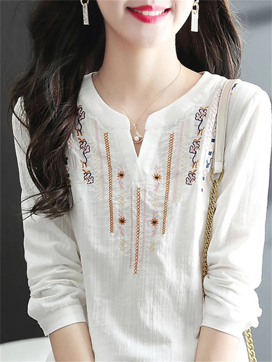 Women Spring Autumn White Blouses Tops Lady Casual Embroidery V-Neck Long Sleeve Vintage Loose Blusas Top DF4272