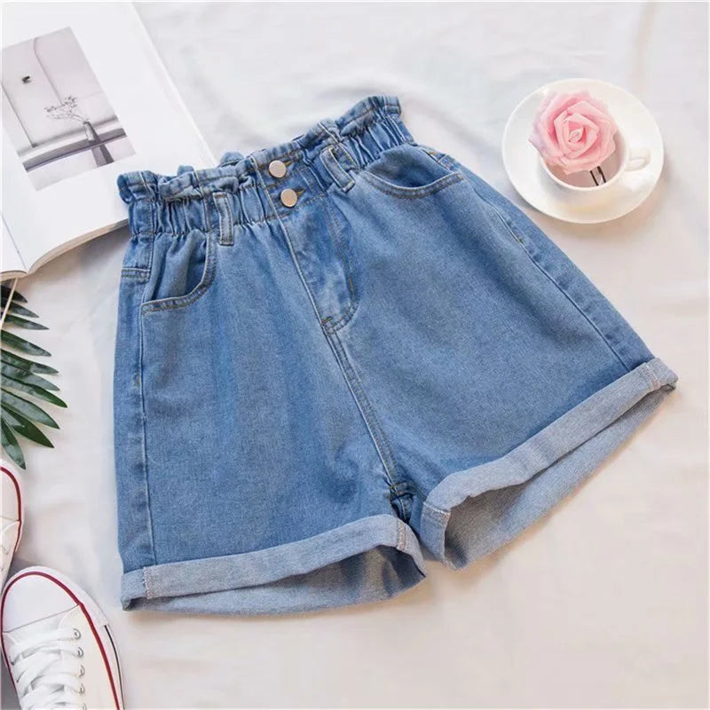 Summer Black Women's Denim Shorts Large Size Harem Ruffle White High Waisted Shorts Elastic Waist Jeans for Women