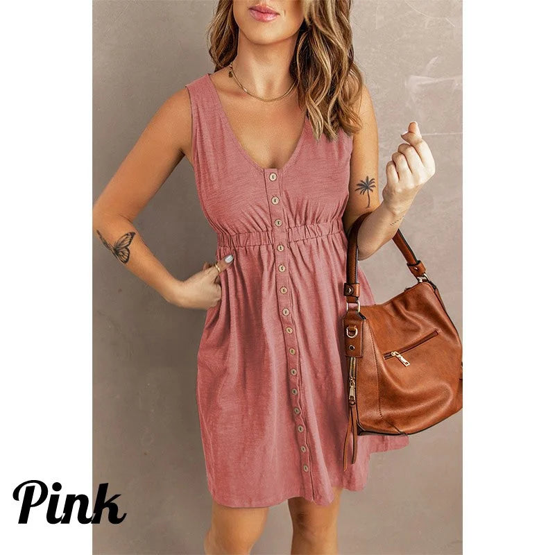 Womens Summer Sleeveless Dress Button Down Elastic Waist Swing Loose Plain Short Dresses Casual Tank Tops Dresses Plus Size