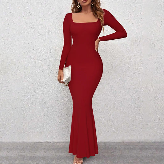 Long Sleeve Slim Bodycon Dress Women  Party Ruched  Evening Club Outfit Soild Color Autumn Winter Elegant Outfits Dress Ladies