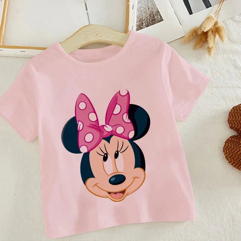 Disney Series Mickey Minnie Anime Clothes T-shirt Boy Girl Casual Summer White Pink Cotton Children's Clothing Baby Kawaii Tees